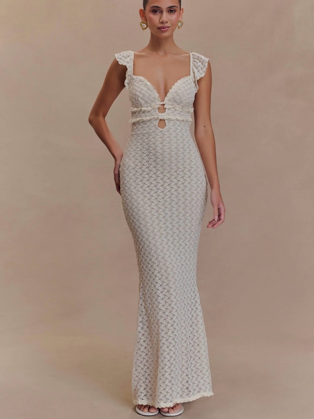 Meshki Ezra Ivory Crochet Maxi Dress - Sleeveless Plunge